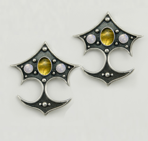 Sterling Silver Gothic Drop Dangle Earrings With Citrine And Rainbow Moonstone